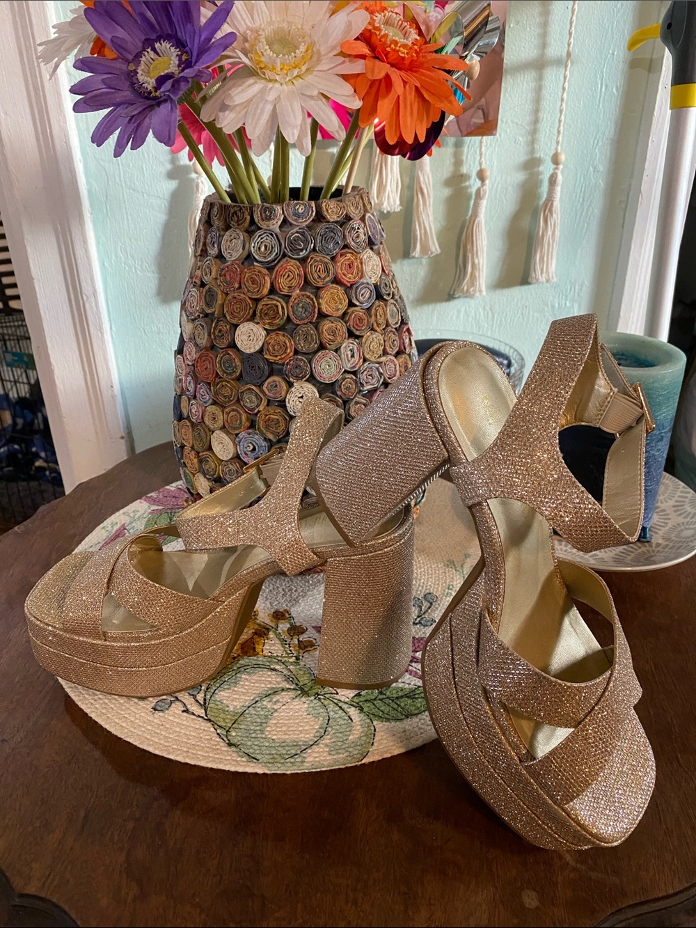Dream Pairs Rose Gold Glitter Platform Block Heel Sandals